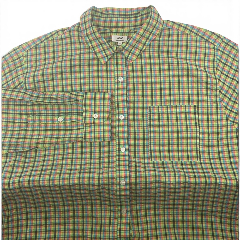 Aerie Mens Rainbow Plaid Button Down Shirt L Multicolor Seersucker Long Sleeve